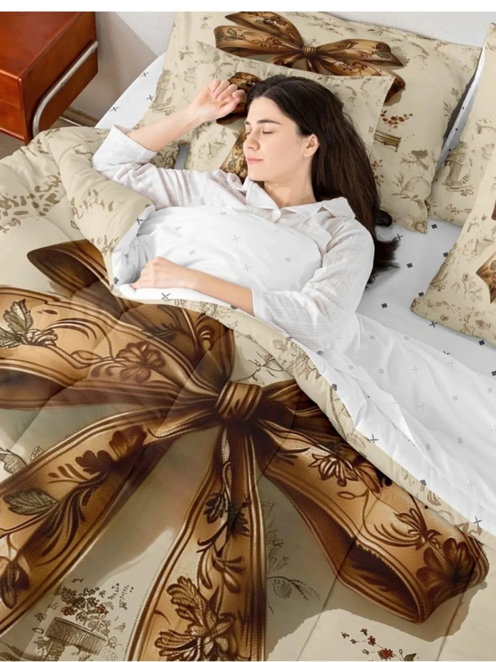 Erosebridal Brown Bowknot Comforter Set Twin | Coquette Decor Bohemian Bedding